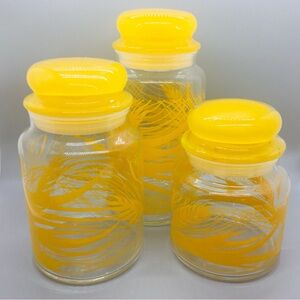 Vintage Glass Canister Set with wheat design and yellow bubble lids